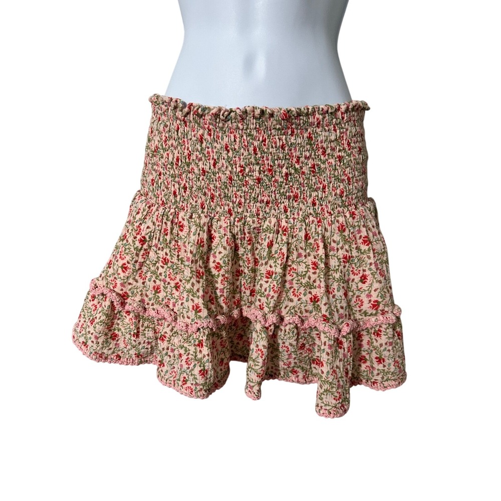 SHE MADE ME Smocked Floral Mini Skirt‎ Ruffle Trim Pink Green Boho Beach XS S